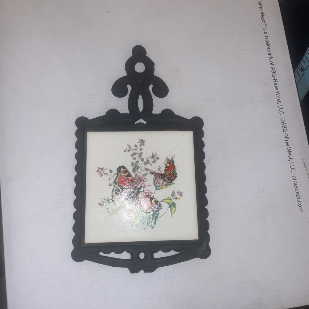 Vintage Cast Iron Trivet 4x4 Tile Hanger Butterflies